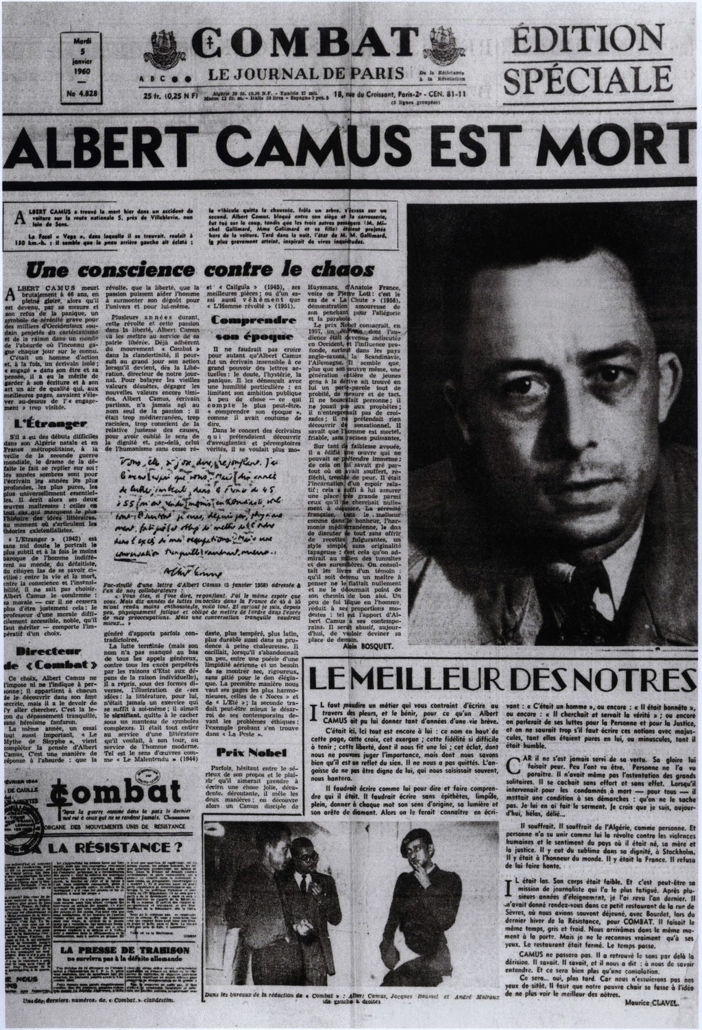 Noticia de la muerte de Albert Camus en el periódico “Combat”
