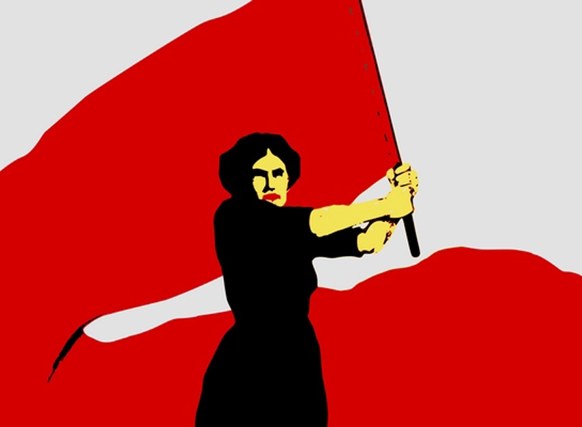 Pintura de mujer con bandera roja